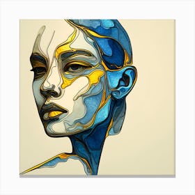 Portrait Of A Woman's Face - An Abstract Artwork In Blue, And Golden Colors, Stained Glass Style. Canvas Print