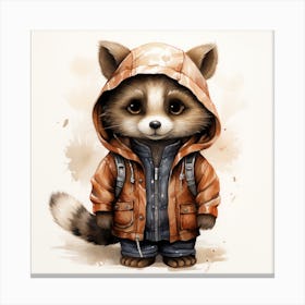 Watercolour Cartoon Raccoon In A Hoodie 3 Canvas Print
