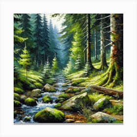 Stream In The Forest, Acrylic Painting Style 9 Canvas Print