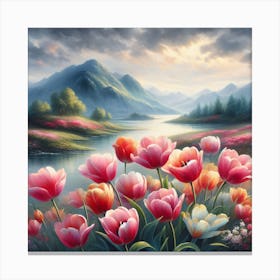 Tulips By The Lake Canvas Print