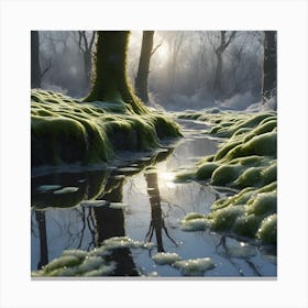 Woodland Moss on Banks of Winter Pond Canvas Print