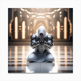 A 3d Dslr Photography Muslim Wearing Futuristic Digital Armor Suit , Praying Towards Makkah Masjid Al Haram Award Winning Photography From The Year 8045 Qled Quality Designed By Apple Canvas Print