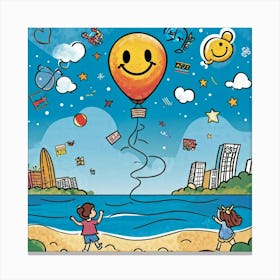 Cartoon Illustration Of A Hand Drawn Balloon Adorned With A Happy Face Floating Over A Bustling Beac (4) Canvas Print