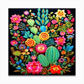 Mexican Flowers,A captivating Mexican embroidery motif showcasing a magnificent cactus in full bloom Canvas Print