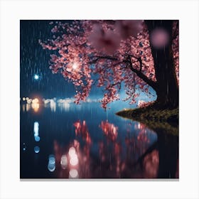 Placid Blue Lake and Reflections of Pink Cherry Blossom Canvas Print