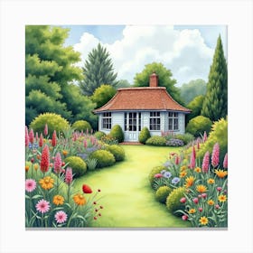 An English Garden With A Classic Summerhouse And Blooming Flowers, Painted In Watercolor 1 Canvas Print