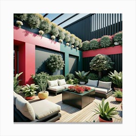 A modern, colorful rooftop terrace with lush greenery, and comfortable seating. Canvas Print