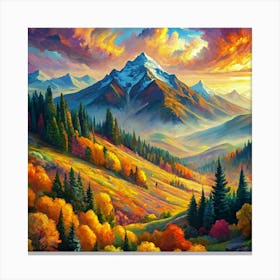 Mountain Landscape With Autumn Colors And Dramatic Sunset Sky Canvas Print