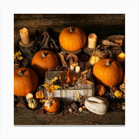 Autumn Harvest Table Laden With An Assortment Of Pumpkins Gourds And Dried Cornhusks Surrounded B (6) Canvas Print