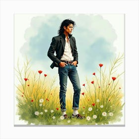 Watercolor Illustration Of Michael Jackson In A Lush Meadow 1 Canvas Print