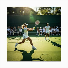 Tennis Match Underway Sunlight Casting Dynamic Shadows On The Green Court Players Poised Mid Swing 2 Canvas Print