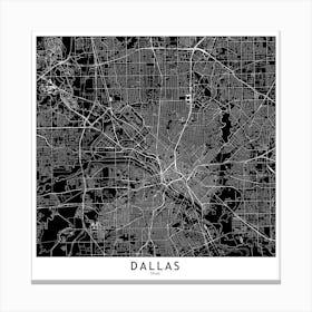 Dallas Black And White Map Square Canvas Print