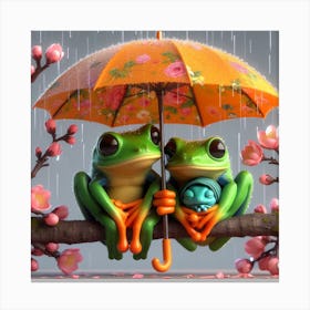 Two Frogs Under An Umbrella Canvas Print