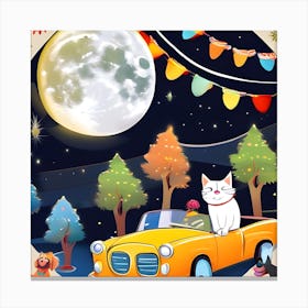The Cat And The Cute Dog Celebrate Birthdays In The Yellow Car Canvas Print