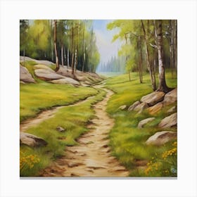 Path In The Woods.A dirt footpath in the forest. Spring season. Wild grasses on both ends of the path. Scattered rocks. Oil colors.15 Canvas Print