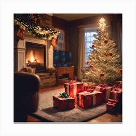 Christmas Presents Under Christmas Tree At Home Next To Fireplace Haze Ultra Detailed Film Photog (11) Canvas Print