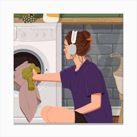 Woman Washing Clothes In A Washing Machine Canvas Print