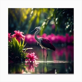 Burgundy and Grey Wading Bird amongst Pink Lagoon Flowers Canvas Print