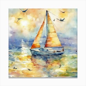 Watercolor Sailboat On The Sea Canvas Print