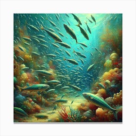 Sardines Swimming In A Surreal Underwater Garden, Style Digital Impressionism 1 Canvas Print