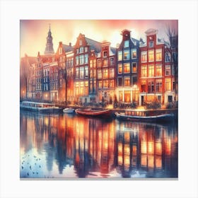 Amsterdam Canal Houses Reflected In A Dreamy Watercolor Sunset, Style Watercolor Canvas Print