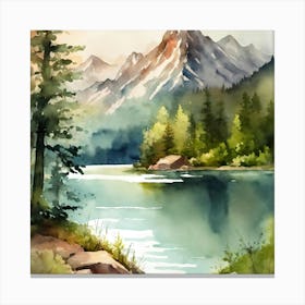 Watercolor Of A Mountain Lake 1 Canvas Print