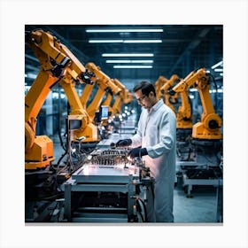 Futuristic Factory Floor Where An Artificial Intelligence Technology Manager Standing On The Convey (3) Canvas Print