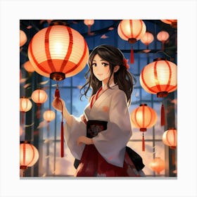 Japanese girl and paper lantern Canvas Print