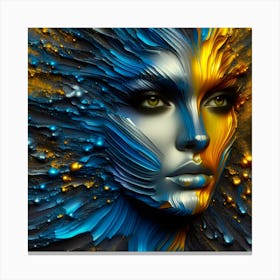 Portrait Of An Abstract Woman's Face - An Embossed Artwork In Shades Of Blue, And Orange - Metal Art Canvas Print