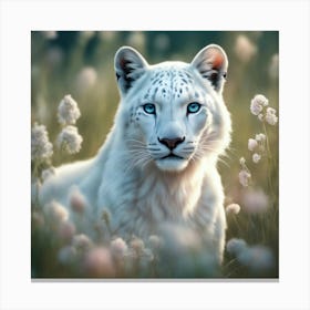 Pure White Snow Lepord Deep Blue Eyes Looking At Camera Walking Through A Field Of Flowers, Pettles Long Grass Canvas Print