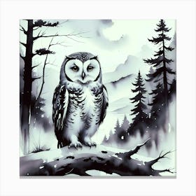 Monochrome Serenity: Little Owl In The Woods Canvas Print