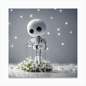 Porcelain And Hammered Matt Black Android Marionette Showing Cracked Inner Working, Tiny White Flowe (3) Canvas Print