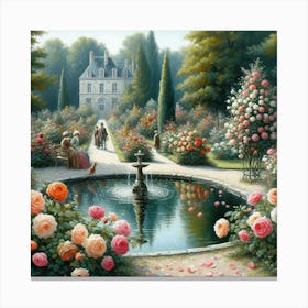 Roses In The Garden With The Fountain, Acrylic Style Painting Canvas Print