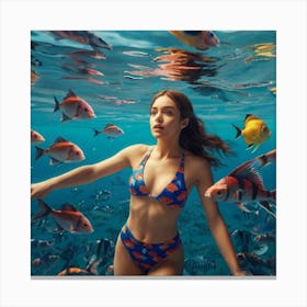 Beautiful Woman Surrounded By Fish Canvas Print