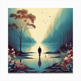 Man Walking By A Lake Canvas Print