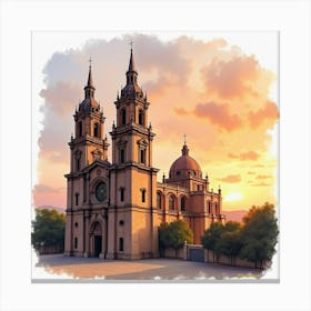 Watercolor Image Of A Historic Spanish Cathedral Under A Sunset Sky Canvas Print