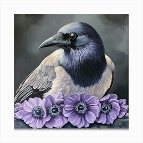 Crow With Purple Flowers Art Canvas Print