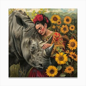 Frida Kahlo with a Rhino. Animal Conservation Series. Canvas Print