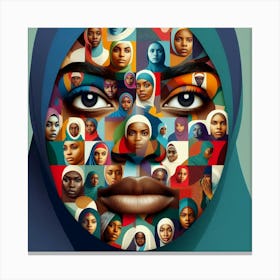 A mosaic of faces of black women of all ages and skin tones wearing colorful hijabs, representing the diversity and beauty of black Muslim women. Canvas Print