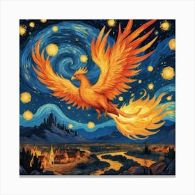 Phoenix Bird Fire Flying At Starry Night Van Gogh Painting Pop Culture Canvas Print