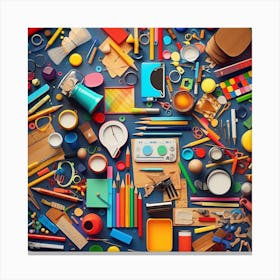 Colorful School Supplies On A Blue Background Canvas Print