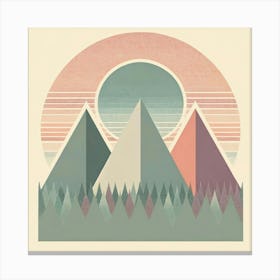 "Pastel Peaks"   A trio of mountains cast in a soft pastel glow stands beneath a textured sun, the scene encapsulating a retro yet timeless aesthetic. The dotted trees add depth, while the subtle gradients and halftone patterns evoke a sense of calm nostalgia. This piece melds natural beauty with a graphic sensibility, ideal for a chic, modern home. Canvas Print