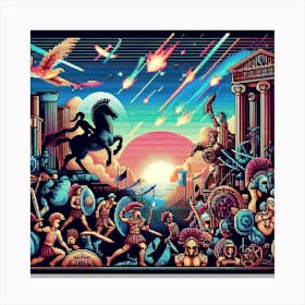 Greek Mythology Meets Pixel Art: A Collection of Digital Mosaics of Ancient Stories with Neon Colors Canvas Print