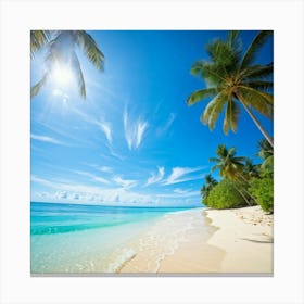 A Sunny Beach In A Tropical Paradise Palm Trees Bending Slightly Above The Turquoise Waters Edge (4) Canvas Print