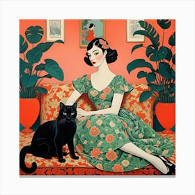 Lady And A Black Cat Canvas Print