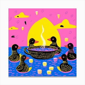 Duckling Afternoon Tea Linocut Style 3 Canvas Print