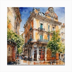 Watercolor drawing of people walking down a street in the center of Old Neighborhood Canvas Print