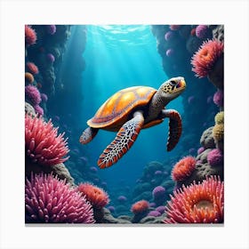 Sea Turtle In Coral Reef Canvas Print