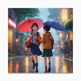 Two Girls Holding Umbrellas In The Rain Canvas Print