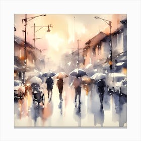 Watercolor Of People In a rainy city  Canvas Print
